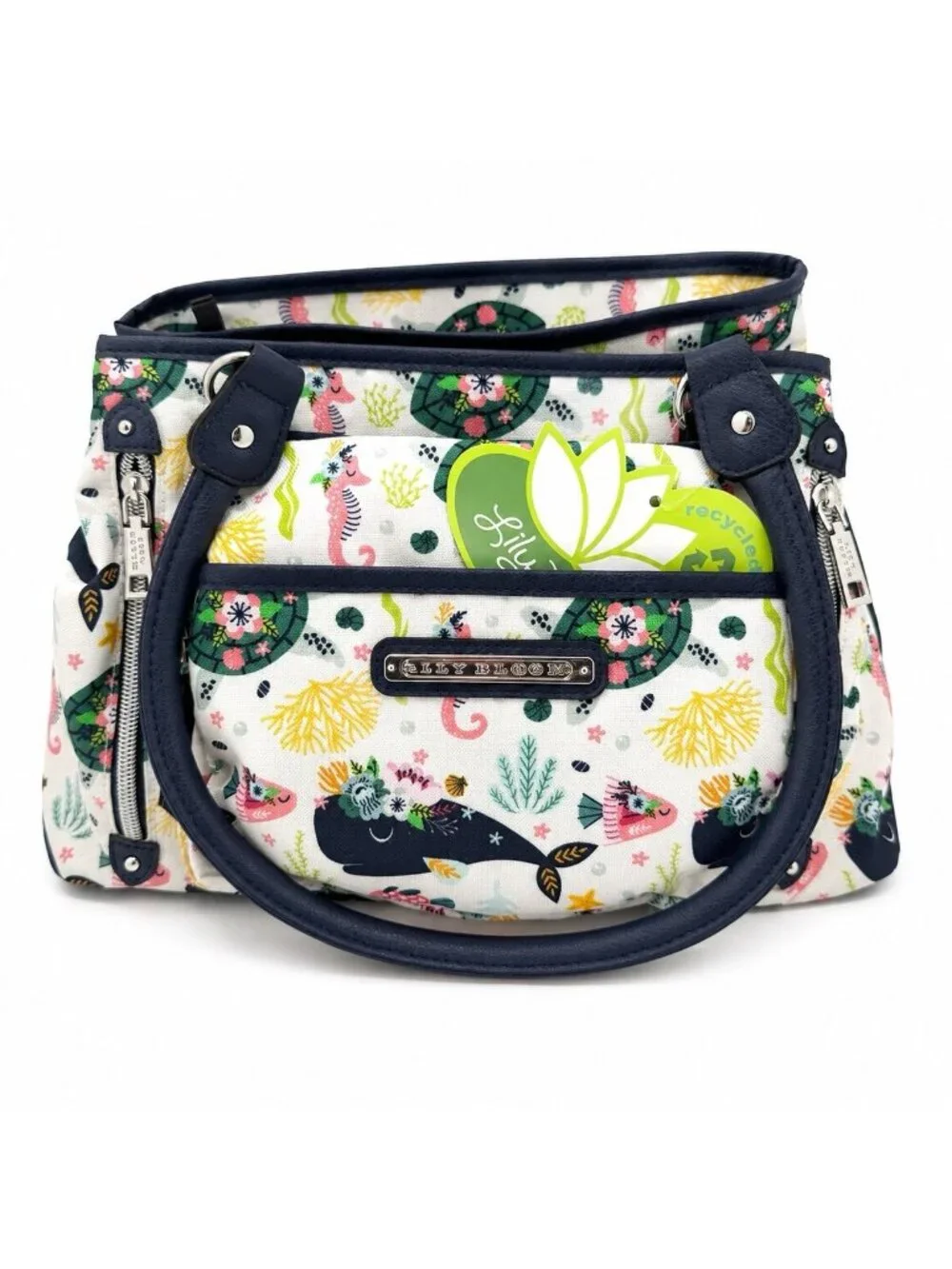 Lily Bloom Maggie Satchel OS Navy Multicolor Ocean Turtles Whales NWT Eco Purse